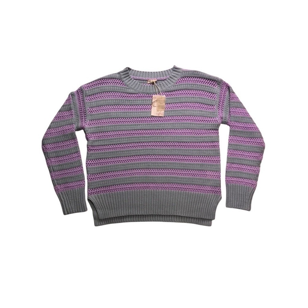Hem & Thread Striped Knit Sweater Womens Small Grey Purple NWT Crochet Style